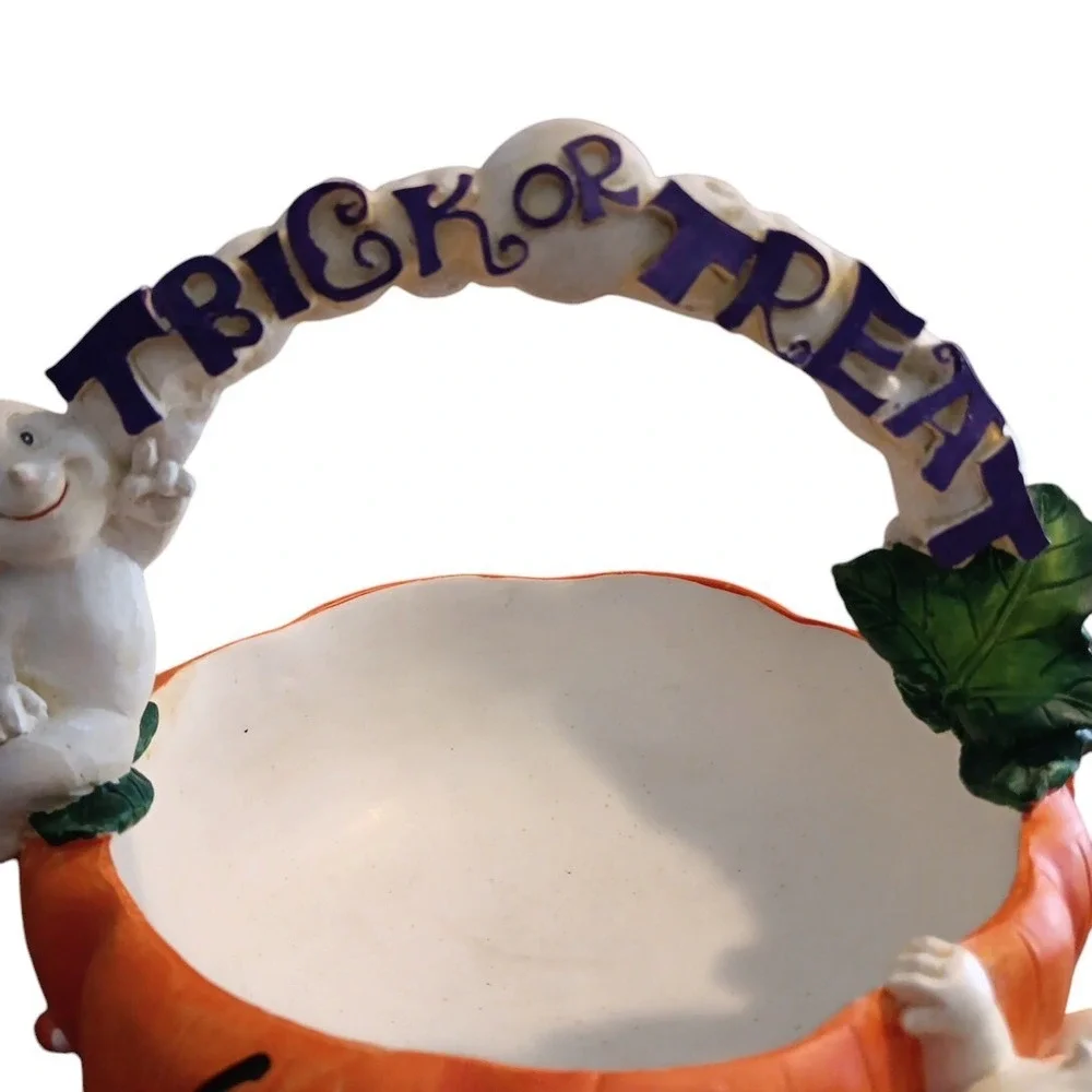Trick Treat Halloween Jack-O-Lantern Pumpkin Ghosts Candy Dish Basket Vtg 6.5